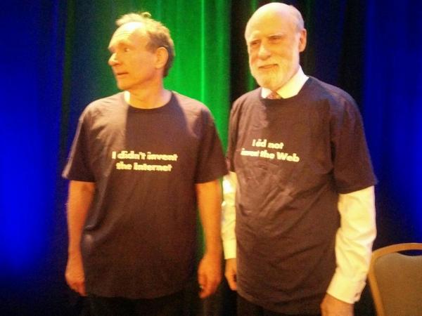 Image courtesy of Jeremy Geelan, taken at W3C20, taken from http://yadadarcyyada.com/.  (Tim Berners-Lee is on the left, Vint Cerf on the right, and the joke is about the difference between the web and the internet.) 